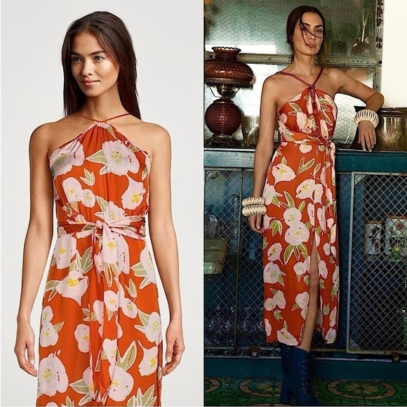 CAROLINA K Floral Satin Sleeveless Halter Neck Tie
Waist Leg Slit Maxi Dress XS - Picture 1 of 8